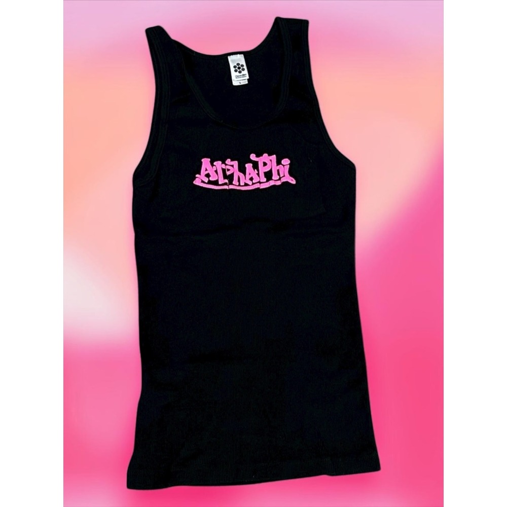 Vintage American Apparel Tank Top Women Large Black Alpha Phi Y2K Ribbed USA
